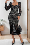 Elegant slight stretch see through lace square-neck with lined midi dress
