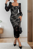 Elegant slight stretch see through lace square-neck with lined midi dress