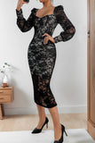 Elegant slight stretch see through lace square-neck with lined midi dress