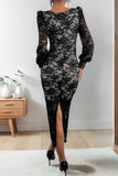 Elegant slight stretch see through lace square-neck with lined midi dress