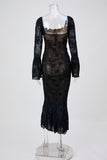 Sexy slight stretch see-through lace square neck maxi dress Black