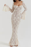 Sexy slight stretch see-through lace square neck maxi dress