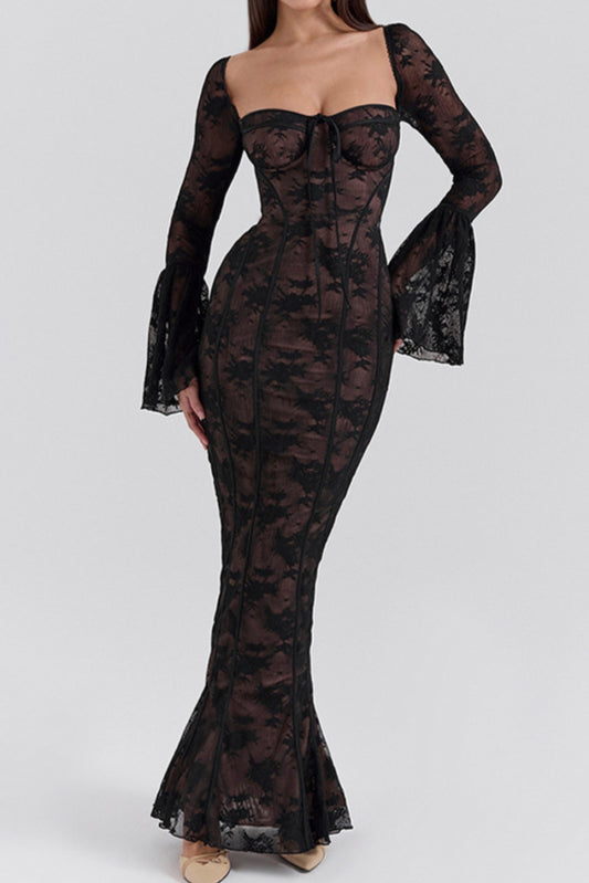 Sexy slight stretch see-through lace square neck maxi dress Black