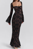 Sexy slight stretch see-through lace square neck maxi dress Black