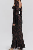 Sexy slight stretch see-through lace square neck maxi dress Black