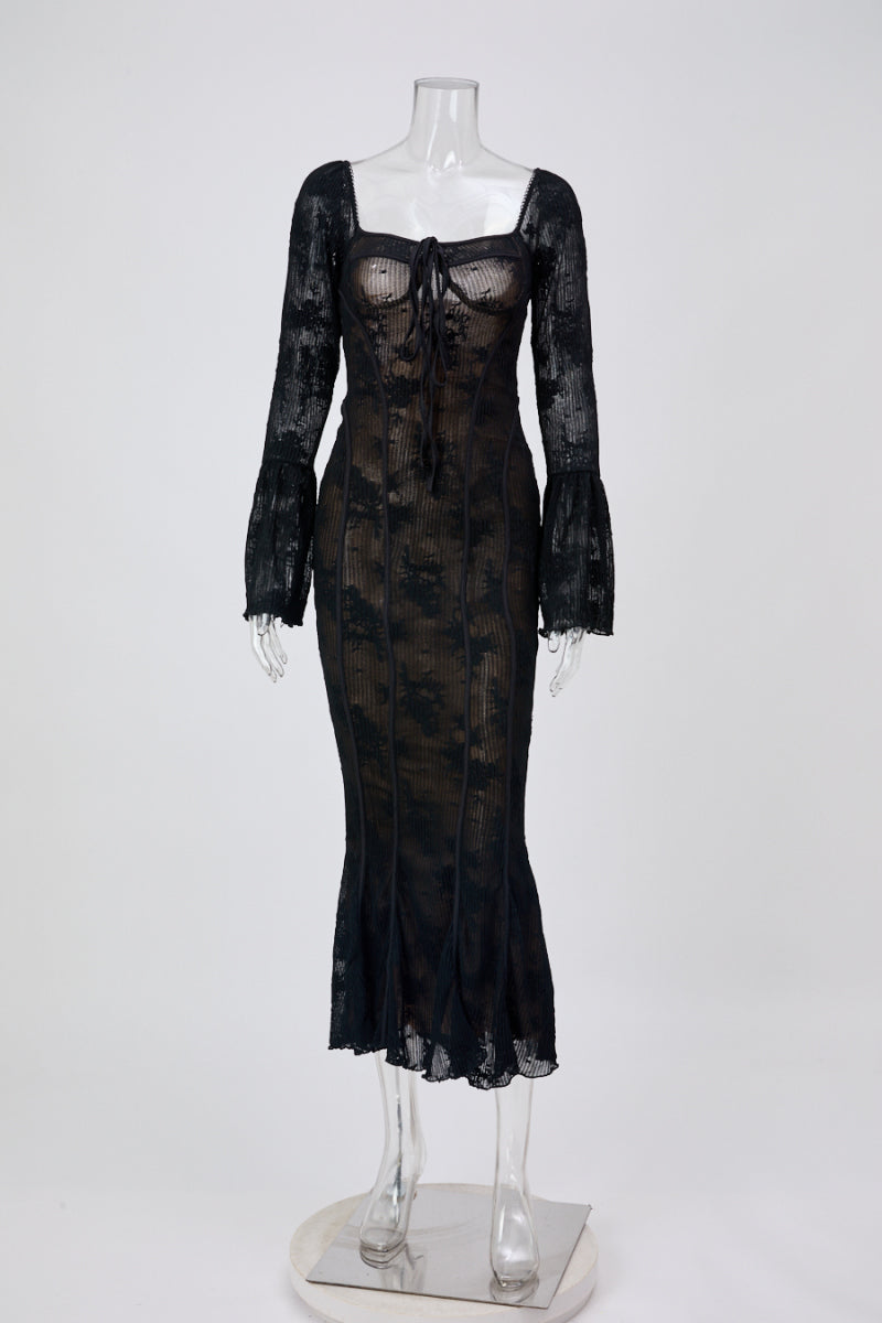 Sexy slight stretch see-through lace square neck maxi dress Black