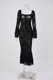 Sexy slight stretch see-through lace square neck maxi dress Black