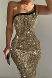 Sexy slight stretch one shoulder sequin decor midi dress