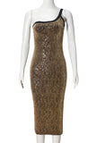 Sexy slight stretch one shoulder sequin decor midi dress