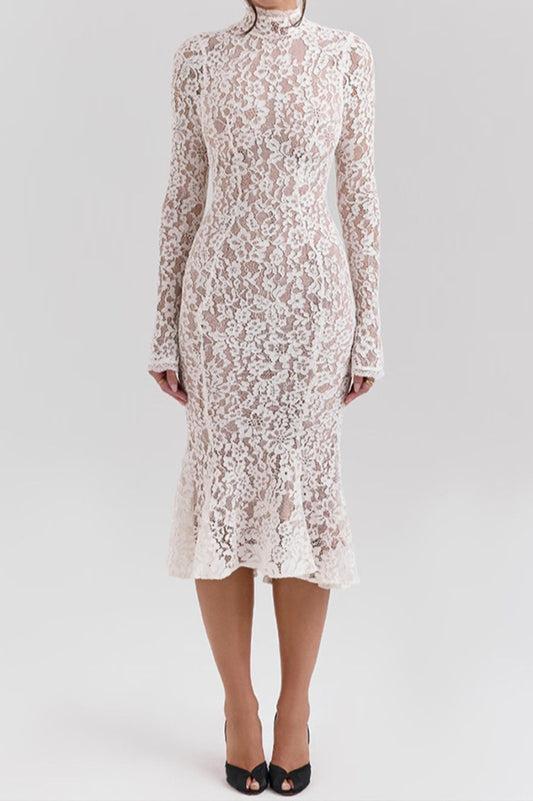 Casual slight stretch stitching lace crew neck midi dress