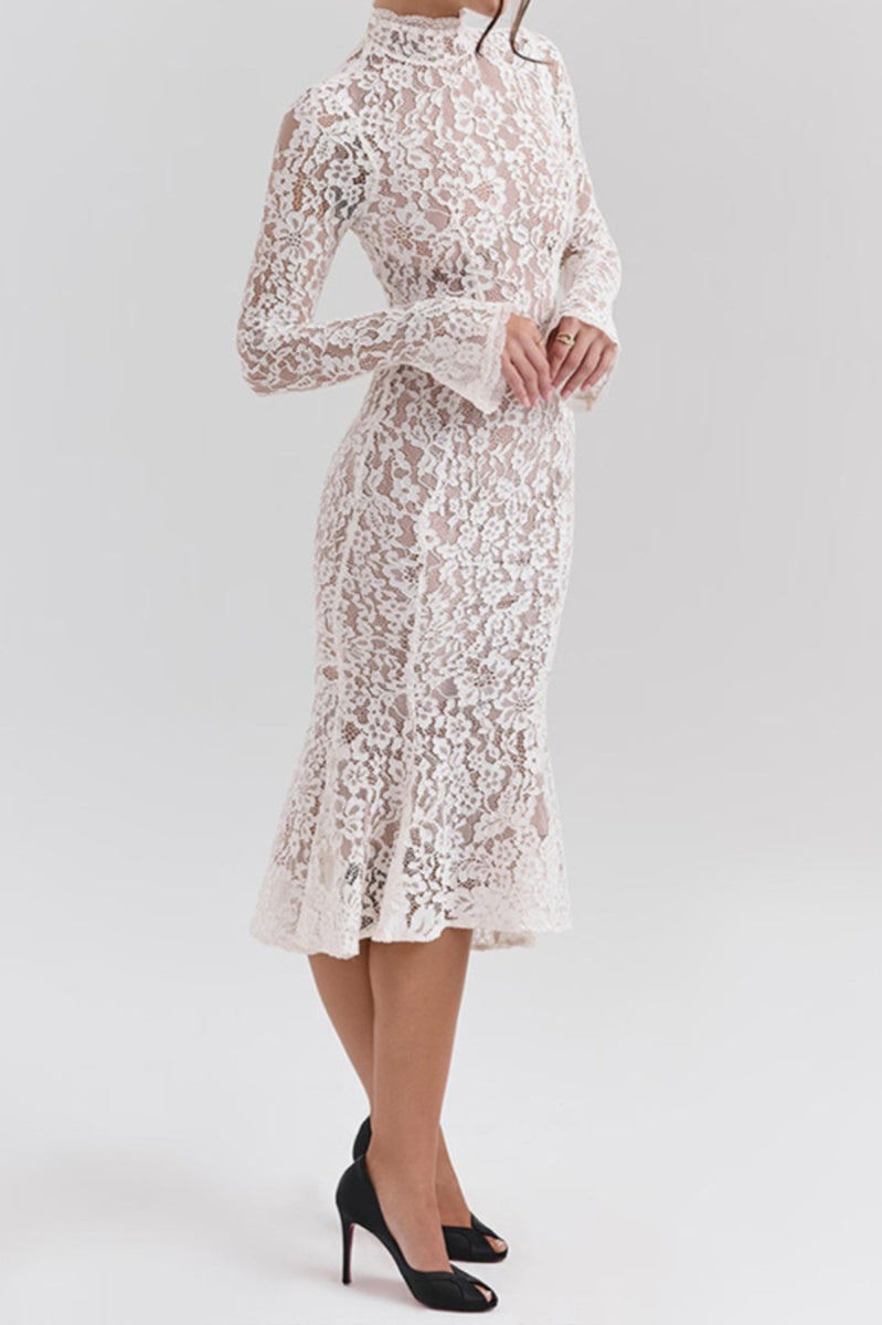 Casual slight stretch stitching lace crew neck midi dress