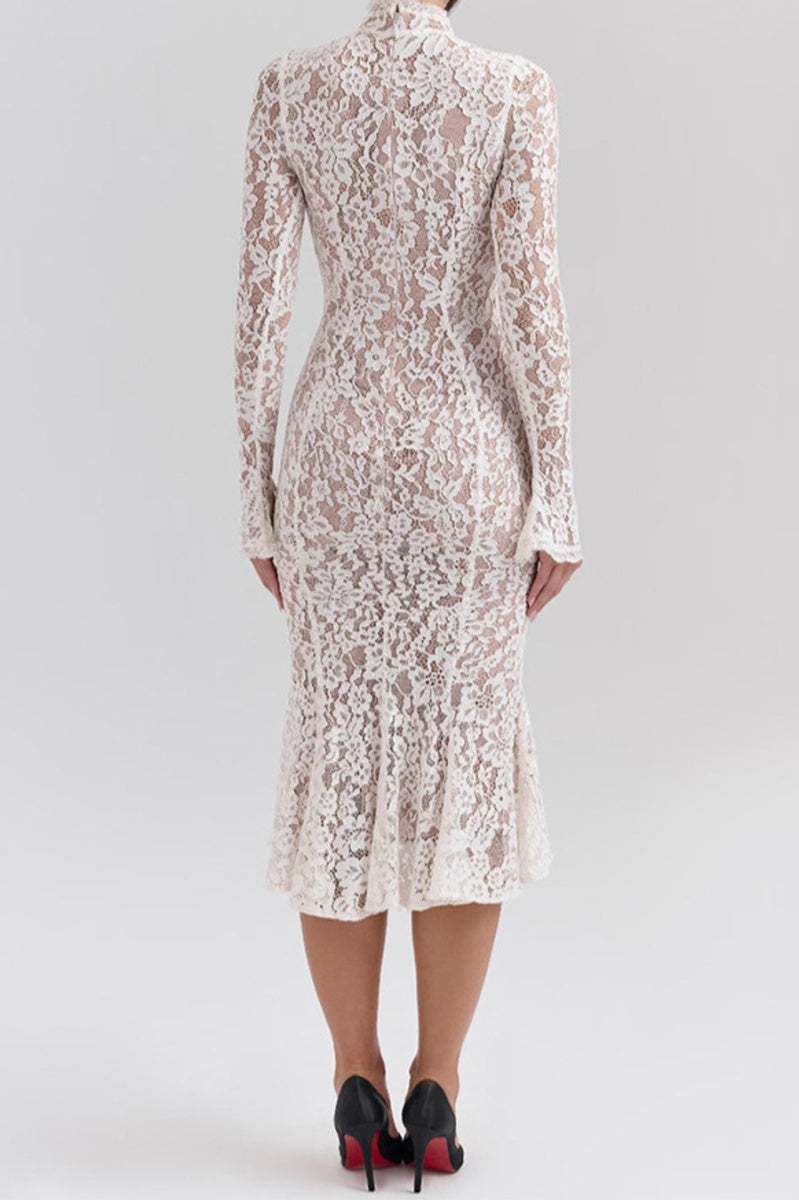 Casual slight stretch stitching lace crew neck midi dress