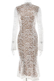 Casual slight stretch stitching lace crew neck midi dress
