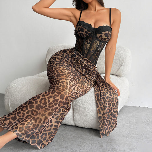 Sexy slight stretch sling slim fit lace leopard print maxi dress