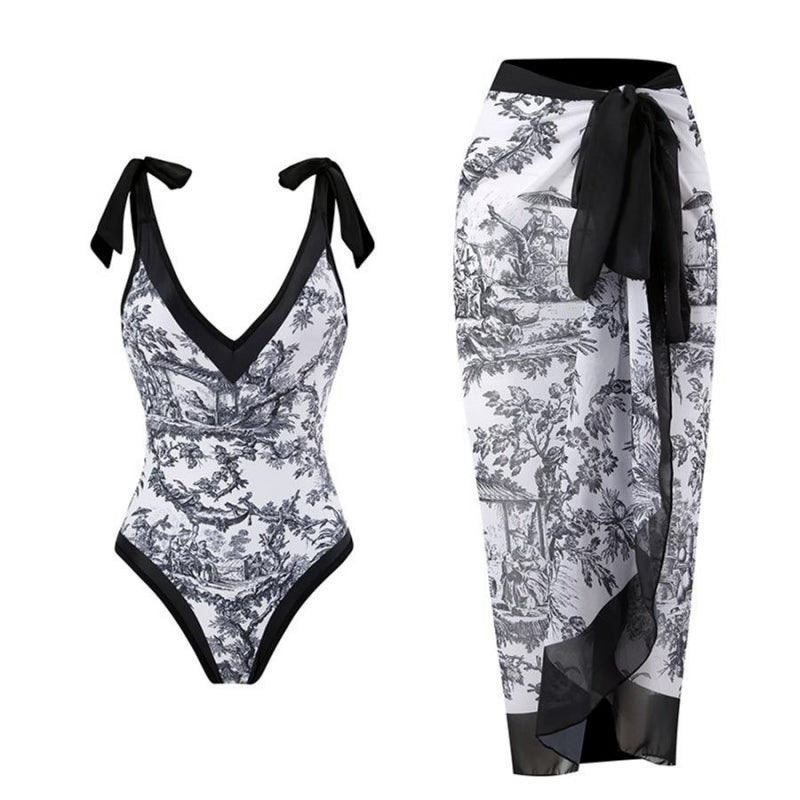 Classic Print One-Piece Swimsuit with Skirt (Skirt Only One Size)
