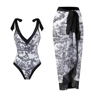 Classic Print One-Piece Swimsuit with Skirt (Skirt Only One Size)