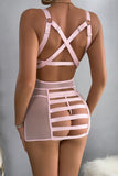 Sexy slight stretch pu mesh stitching backless mini dress babydoll & thong