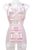 Sexy slight stretch pu mesh stitching backless mini dress babydoll & thong