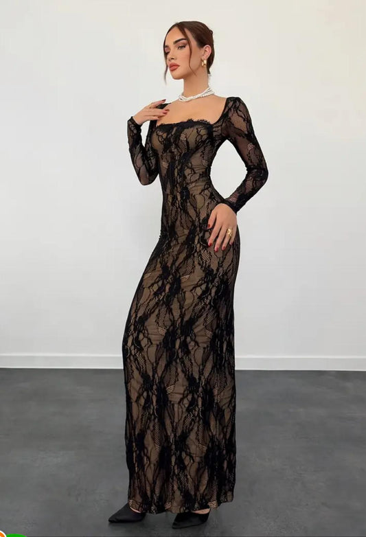 Elegant women's long-sleeved dress with lace details
