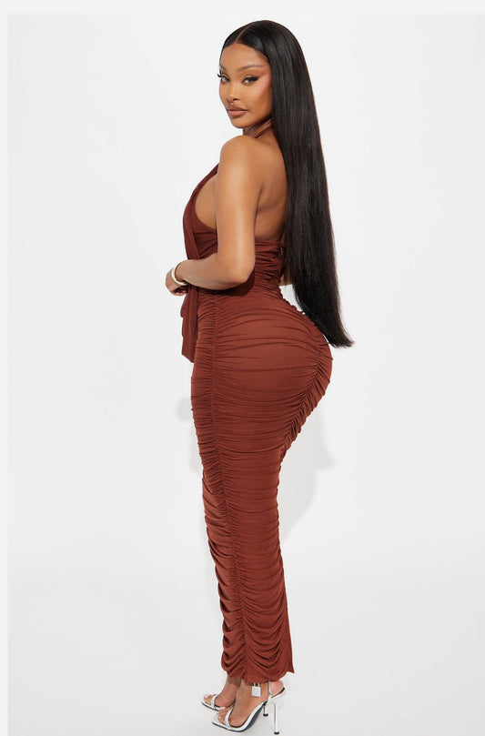 Julia Ruched Mesh Maxi Dress - Brown