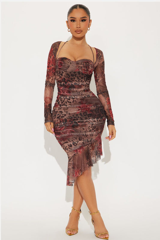 Play The Game Leopard Mesh Midi Dress - Brown/combo