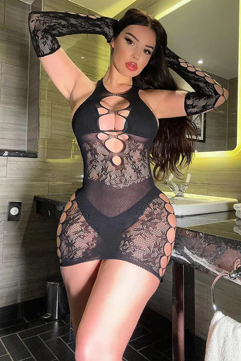 Lover Nights Sheer Bodystocking Dress - Black