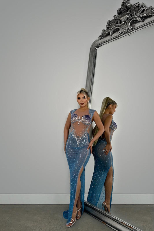 Sexy slight stretch mesh see-through rhinestone slit maxi dress