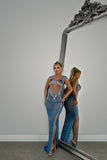 Sexy slight stretch mesh see-through rhinestone slit maxi dress