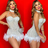 Sexy slight stretch rhinestone chain pearl feather padded underwire mini dress