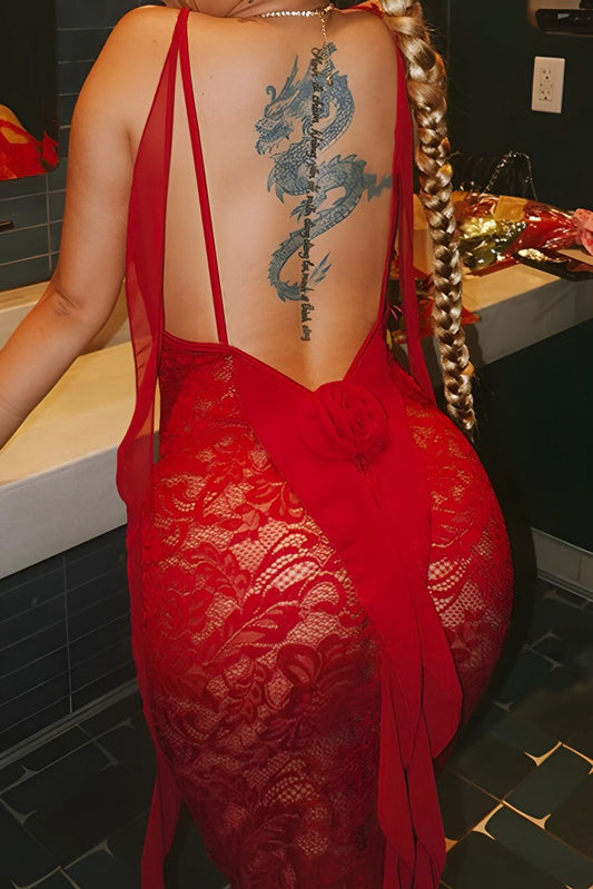 Sexy slight stretch see through lace backless 3d flower long ribbon maxi dress