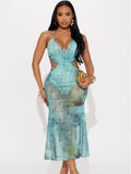 Sea Siren Mesh Halter Midi Dress - Turquoise