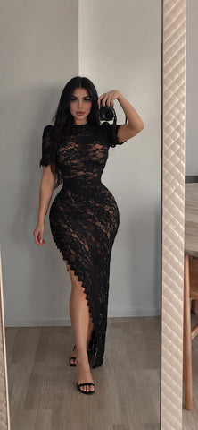 Midi Dress 2 Piece Floral Lace Black