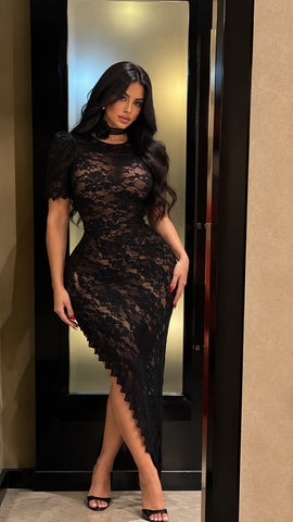 Midi Dress 2 Piece Floral Lace Black