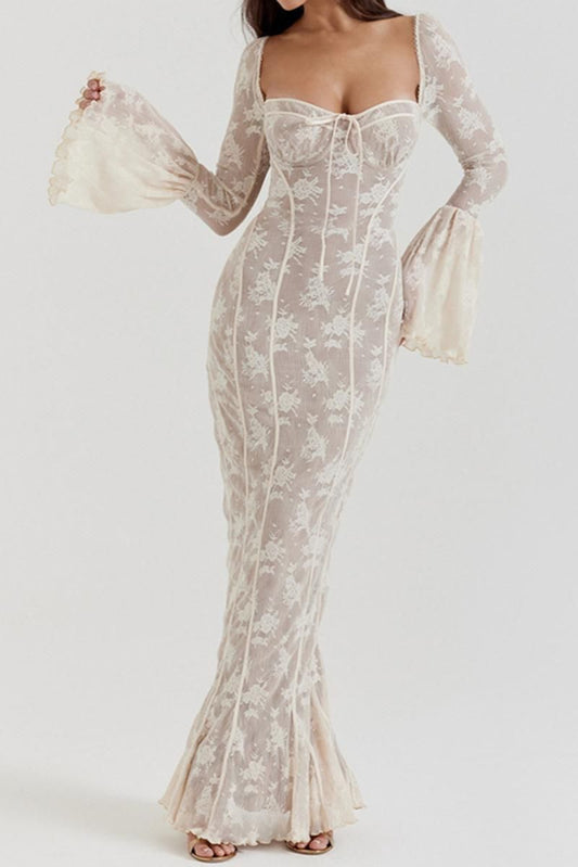 Sexy slight stretch see-through lace square neck maxi dress
