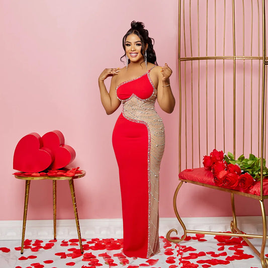 Sexy Stretch Pearls Mesh Rhinestone Maxi Dress Red