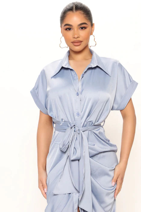 Satin Shirt Dress - Light Blue