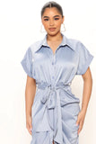 Satin Shirt Dress - Light Blue