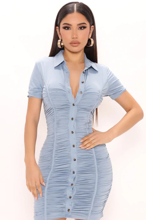 Jane Ruched Shirt Dress - Blue