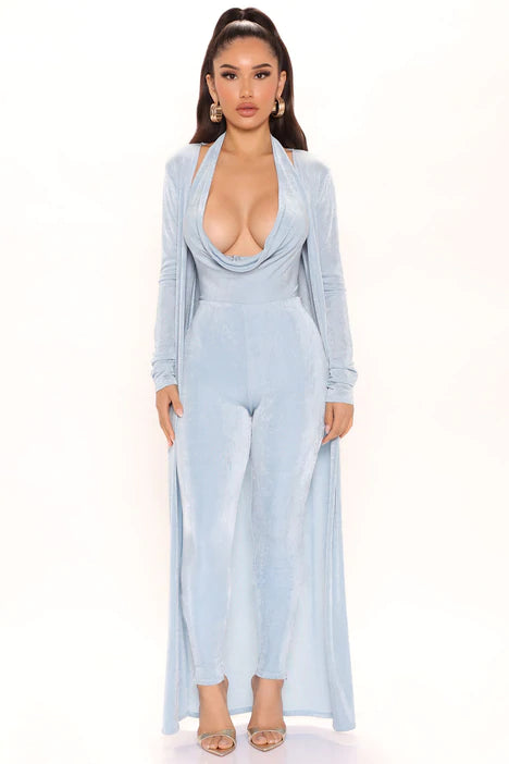 Blue two-piece jumpsuit