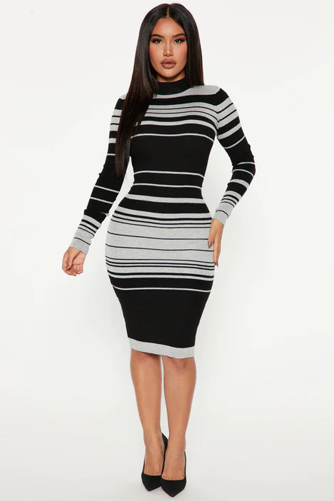 Just In Time Striped Midi Dress - Grey/combo