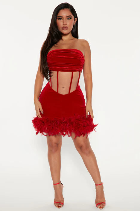 Be Mine Feather Short Dress - Red