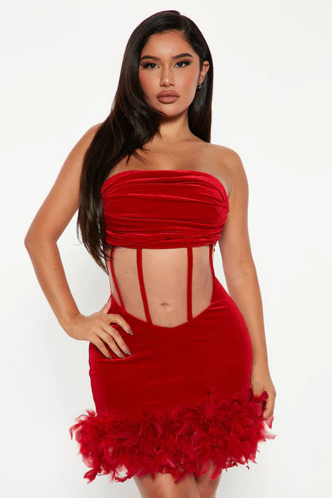 Be Mine Feather Short Dress - Red