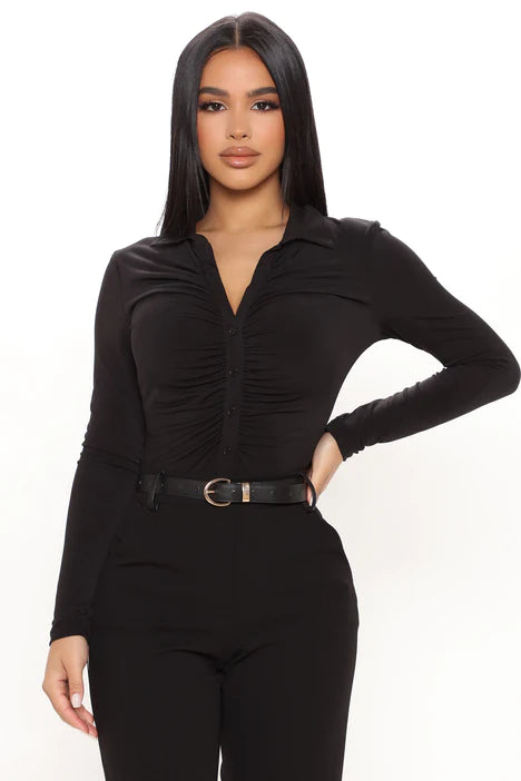 Cut The Check Ruched Bodysuit - Black