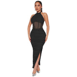 Womens Halter Neck Sleeveless Mesh Slit Dress