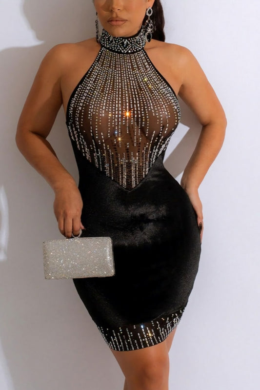 Sexy black velvet rhinestone dress 2