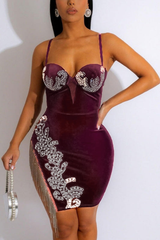 Sexy rhinestone velvet mini dress